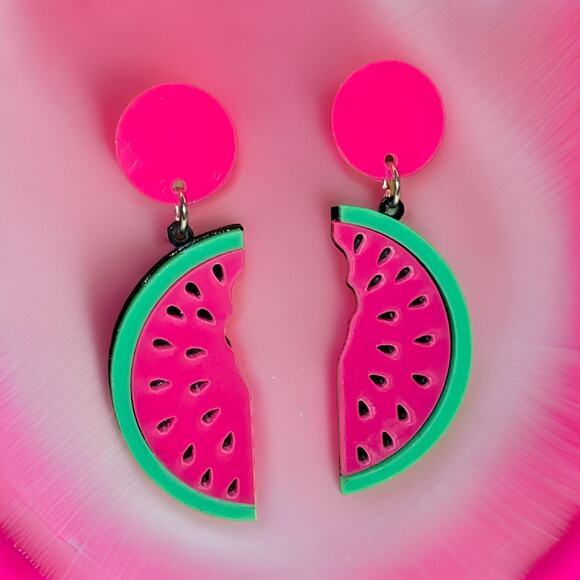 New Watermelon 90's Y2k Summer Pink Dangle Earrings Drop Cartoon Fruit Neon Pink - Picture 1 of 2